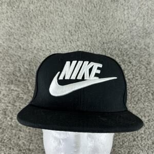 Nike Hat Cap Snap Back One Size Black White Big Swoosh Embroidered Mens